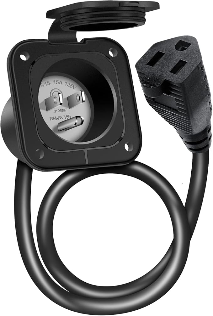 15 Amp 125V AC Power Inlet Port Plug with Integrated 18" Extension Cord, NEMA 5-15